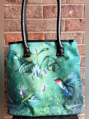 James Hautman Galleria Floral Hummingbird Tote Bag in Teal